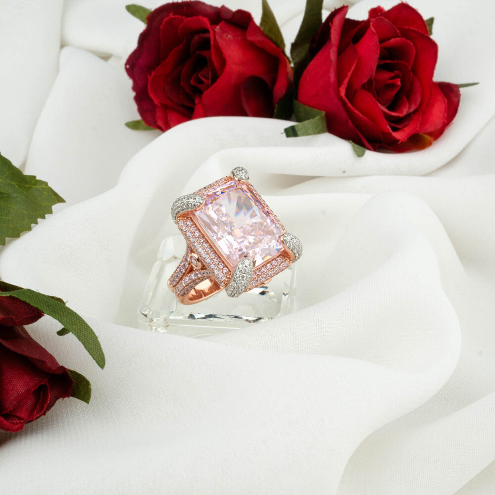 Özel Tasarım Pembe Amerikan Elması Gümüş Rose Bayan Yüzük