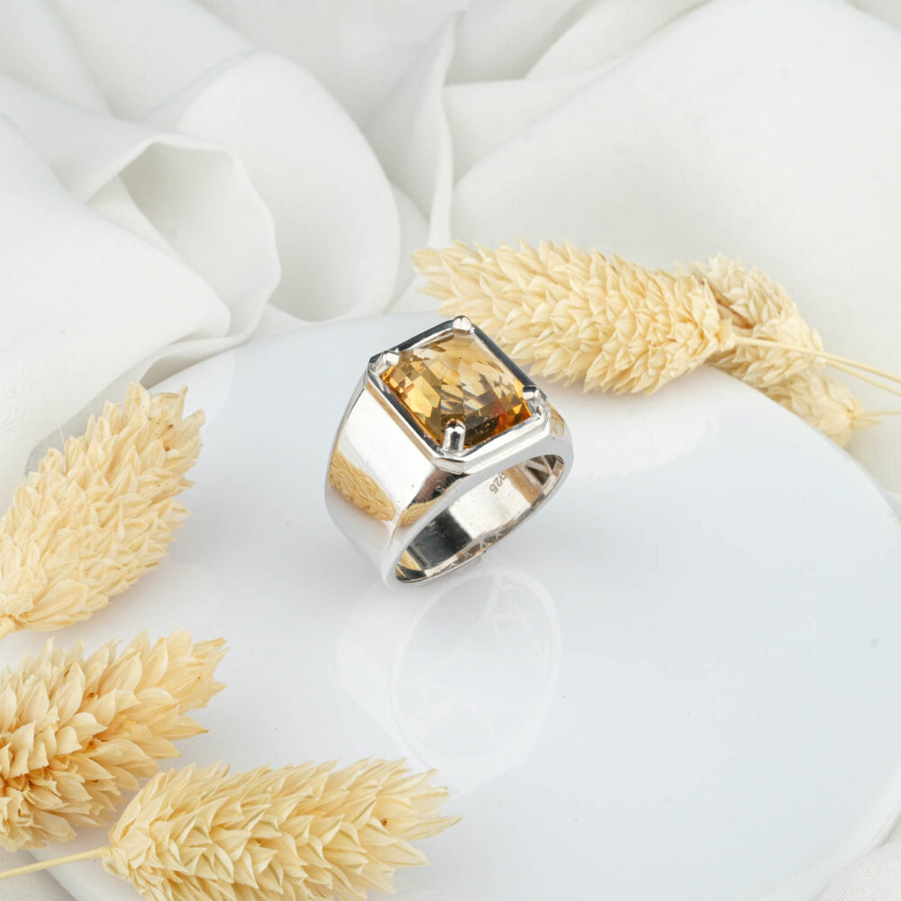 Özel Tasarım Orijinal Sitrin Doğal Taş Gümüş Erkek Yüzük (10ct)