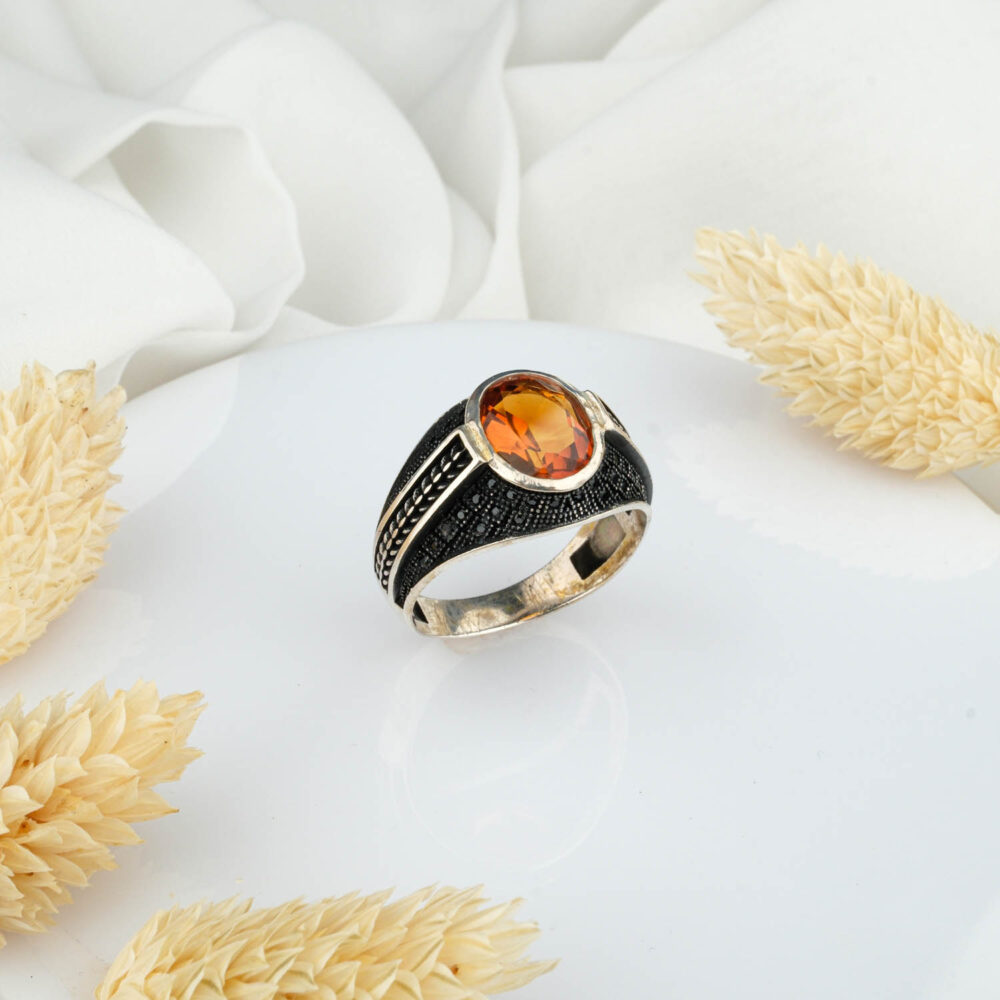 Orijinal Sitrin Doğal Taş Gümüş Erkek Yüzük