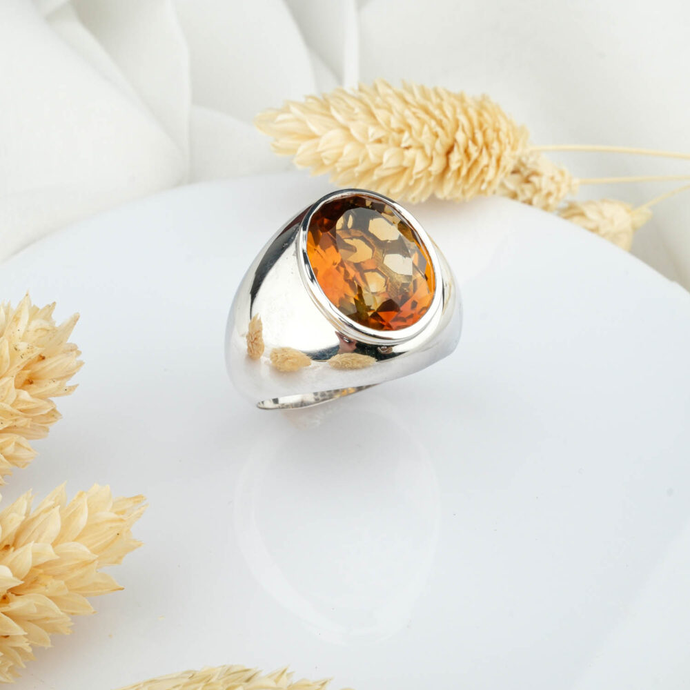 Özel Tasarım Orijinal Sitrin Doğal Taş Gümüş Erkek Yüzük