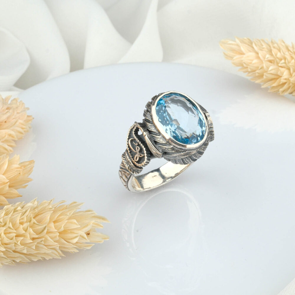 Blue Topaz Doğal Taş Gümüş Unisex Yüzük
