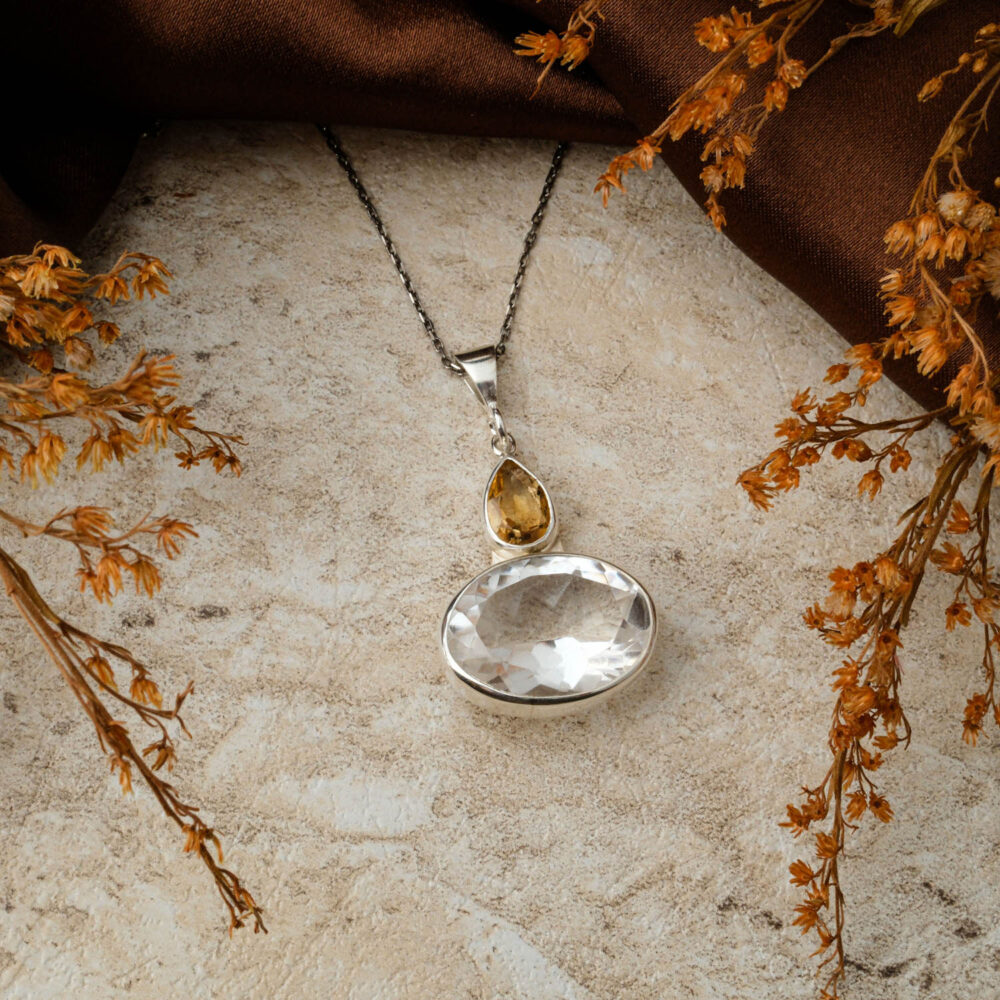 Necef ve Sitrin Doğal Taş 925 Ayar Gümüş Kolye