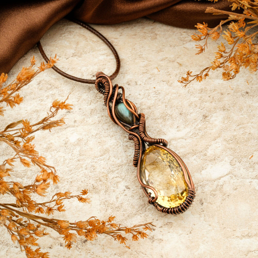 Orijinal Özel Sitrin ve Labradorit Taşı El Yapımı Bakır Kolye