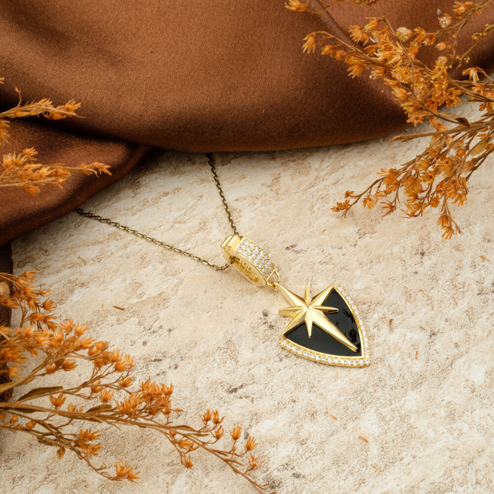 Siyah Mineli Kalkan Kuzey Yıldızı 925 Ayar Gümüş Gold Kolye