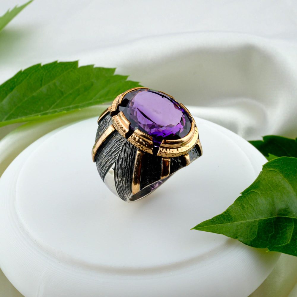 Özel El İşçiliği Orijinal Ametist Taşı 925 Ayar Gümüş Erkek Yüzük Modeli