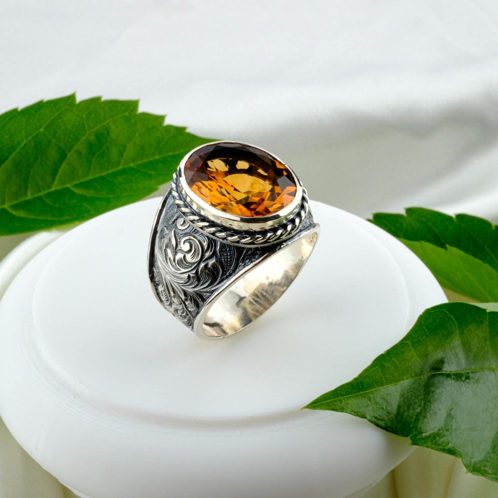 Orijinal Sitrin Taşı 925 Ayar Gümüş Tasarımlı Erkek Yüzük Modeli