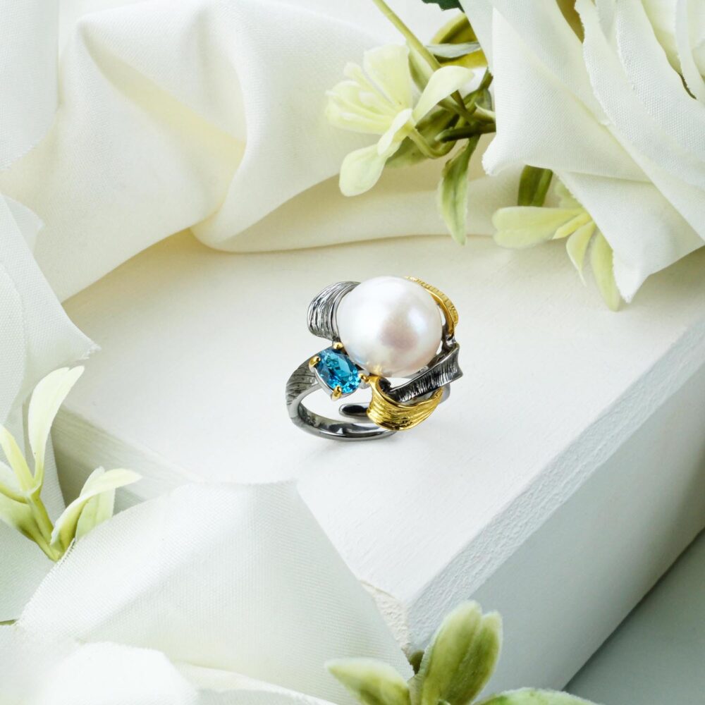 Okyanus İnci ve Blue Topaz Taşı 925 Ayar Gold Gümüş Yüzük