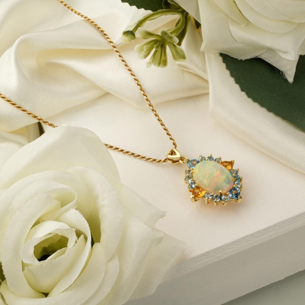 Orijinal Opal, Sitrin ve Blue Topaz Taşı 925 Ayar Gümüş Tasarımlı Kolye