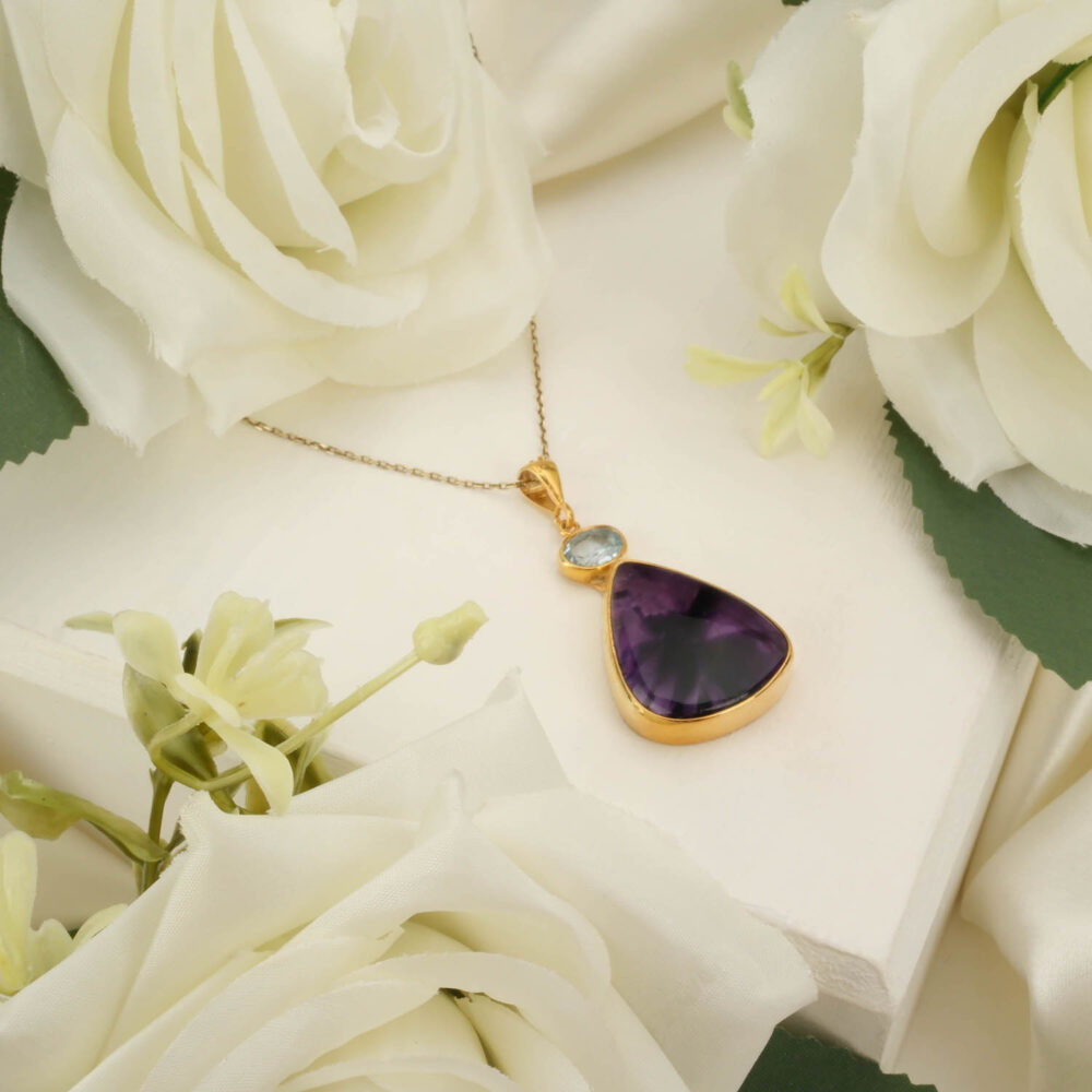 Ametist Taşı ve Blue Topaz Taşı Gold Kaplama 925 Ayar Gümüş Kolye