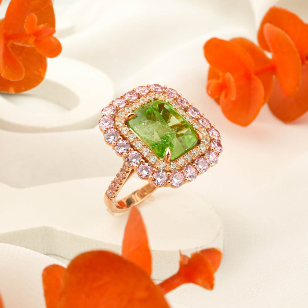 Özel Tasarım Zebercet, Pembe Mozanite ve Swarovski Taşı 925 Ayar Gümüş Rose Bayan Yüzük