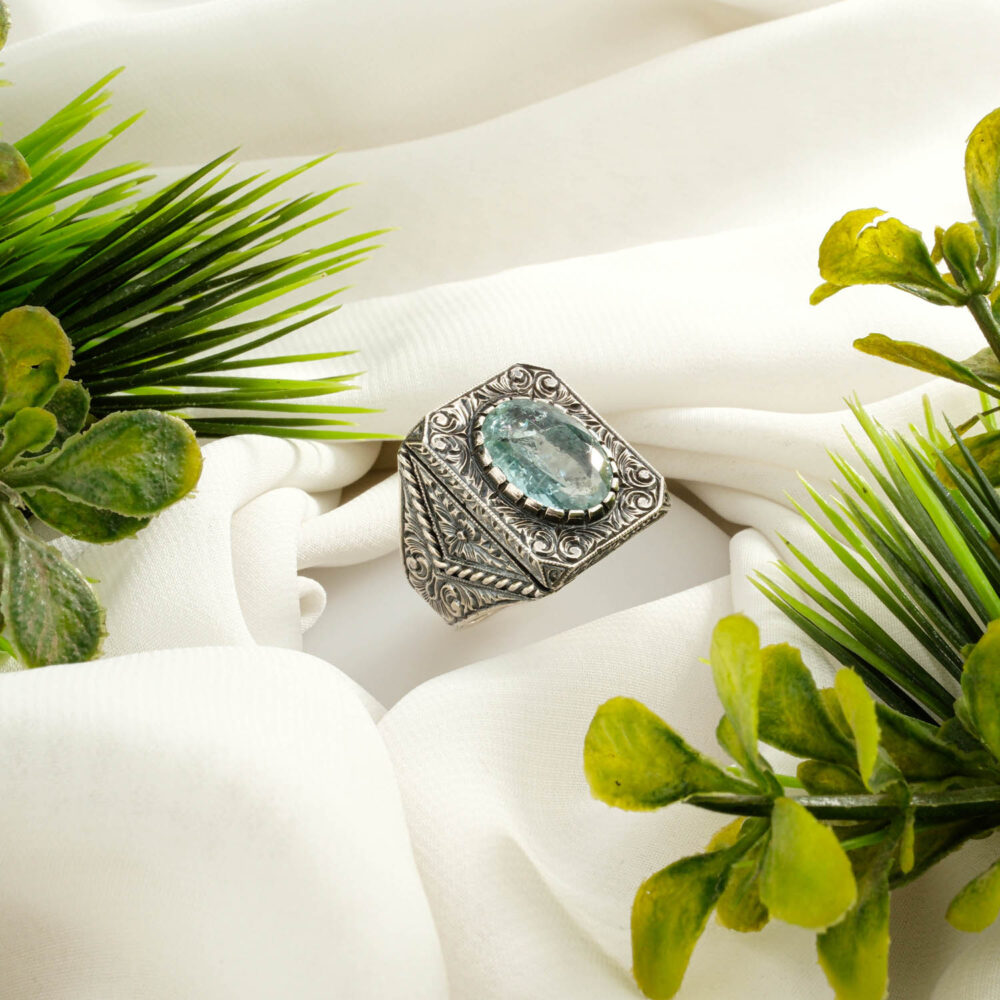 Orijinal Akuamarin Taşı 925 Ayar Gümüş İşçilik El Yapımı Erkek Yüzük