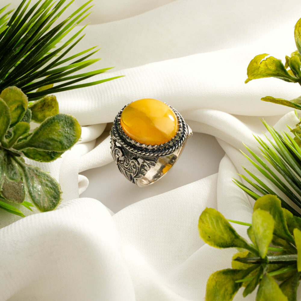 Orijinal Kehribar Taşı 925 Ayar Gümüş Tasarımlı El İşçiliği Erkek Yüzük