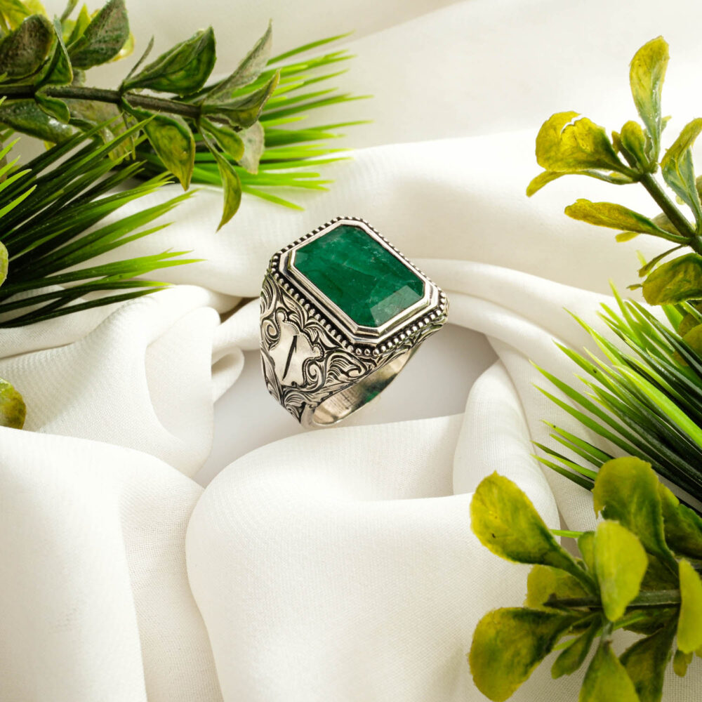 Orijinal Zambiya Zümrüt Taşı 925 Ayar Gümüş Tasarımlı El İşçiliği Erkek Yüzük