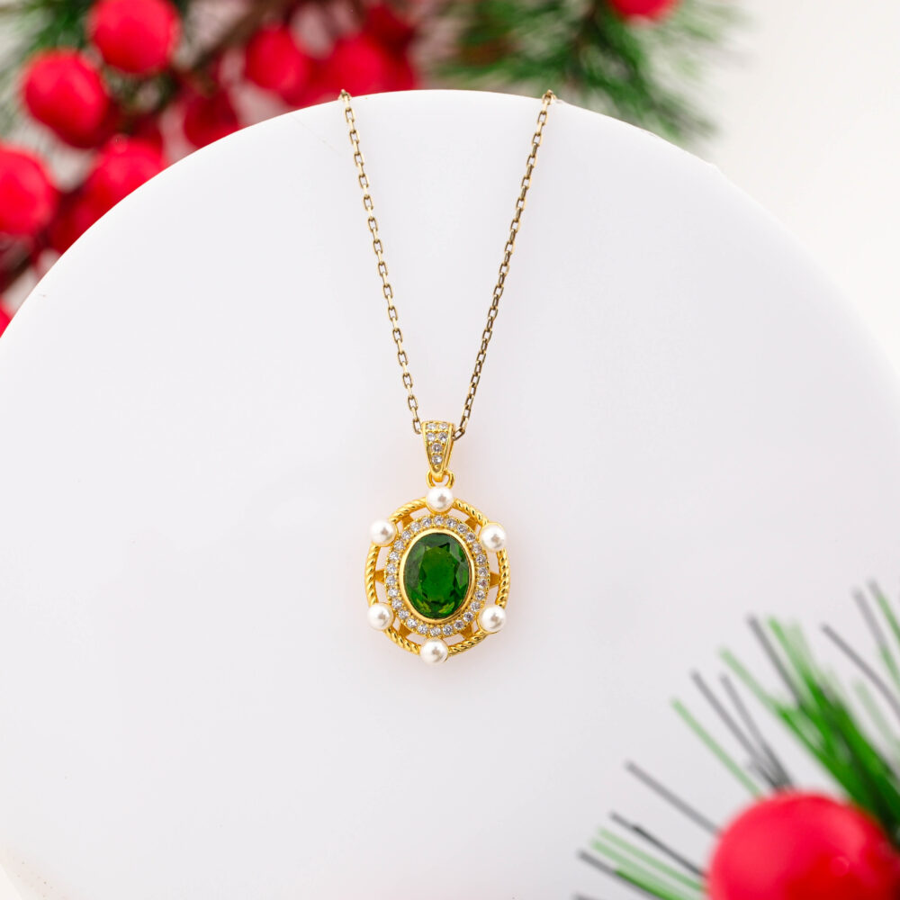 Orijinal Diopsit ve İnci Taşı 925 Ayar Gümüş Tasarımlı Bayan Kolye