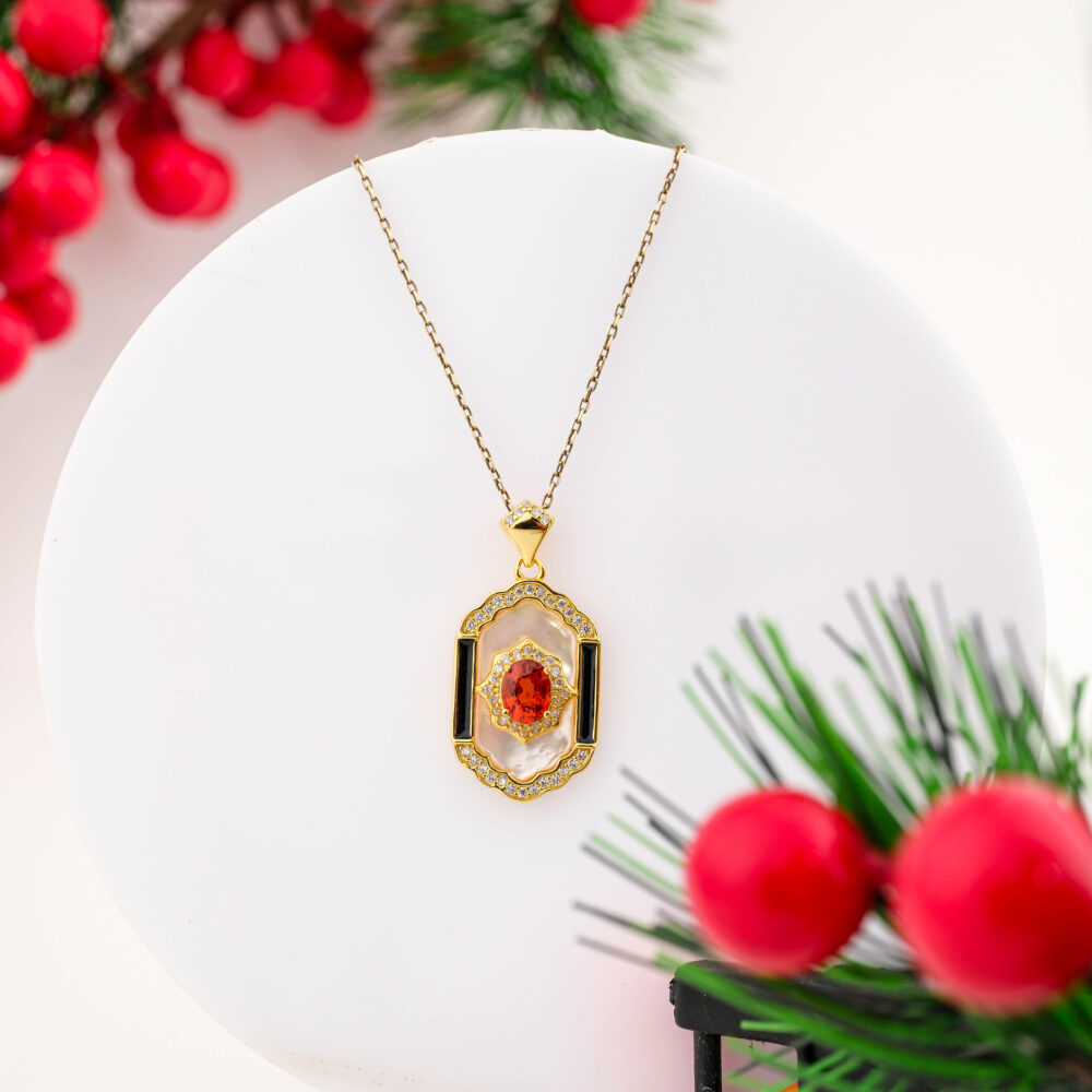 Orijinal Turuncu Safir, Sedef ve Swarovski Taşı 925 Ayar Gümüş Bayan Kolye