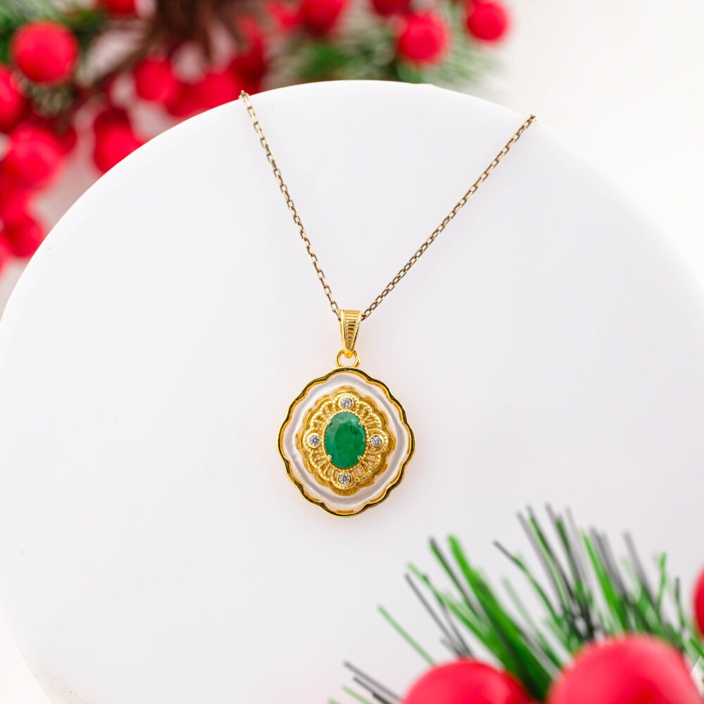 Orijinal Zambiya Zümrüt, Sedef ve Swarovski Taşı 925 Ayar Gümüş Bayan Kolye