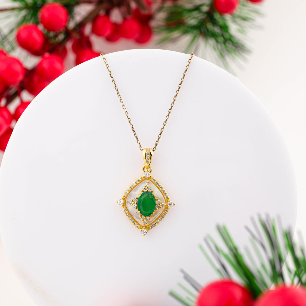 Orijinal Zambiya Zümrüt, Sedef ve Swarovski Taşı 925 Ayar Gümüş Bayan Kolye