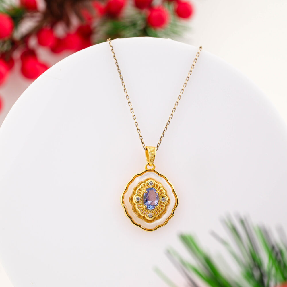 Tanzanit, Sedef ve Swarovski Taşı 925 Ayar Gümüş Kolye