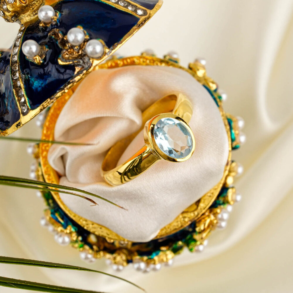 Blue Topaz Taşı 925 Ayar Gümüş Tasarımlı Gold Kaplama Bayan Yüzük