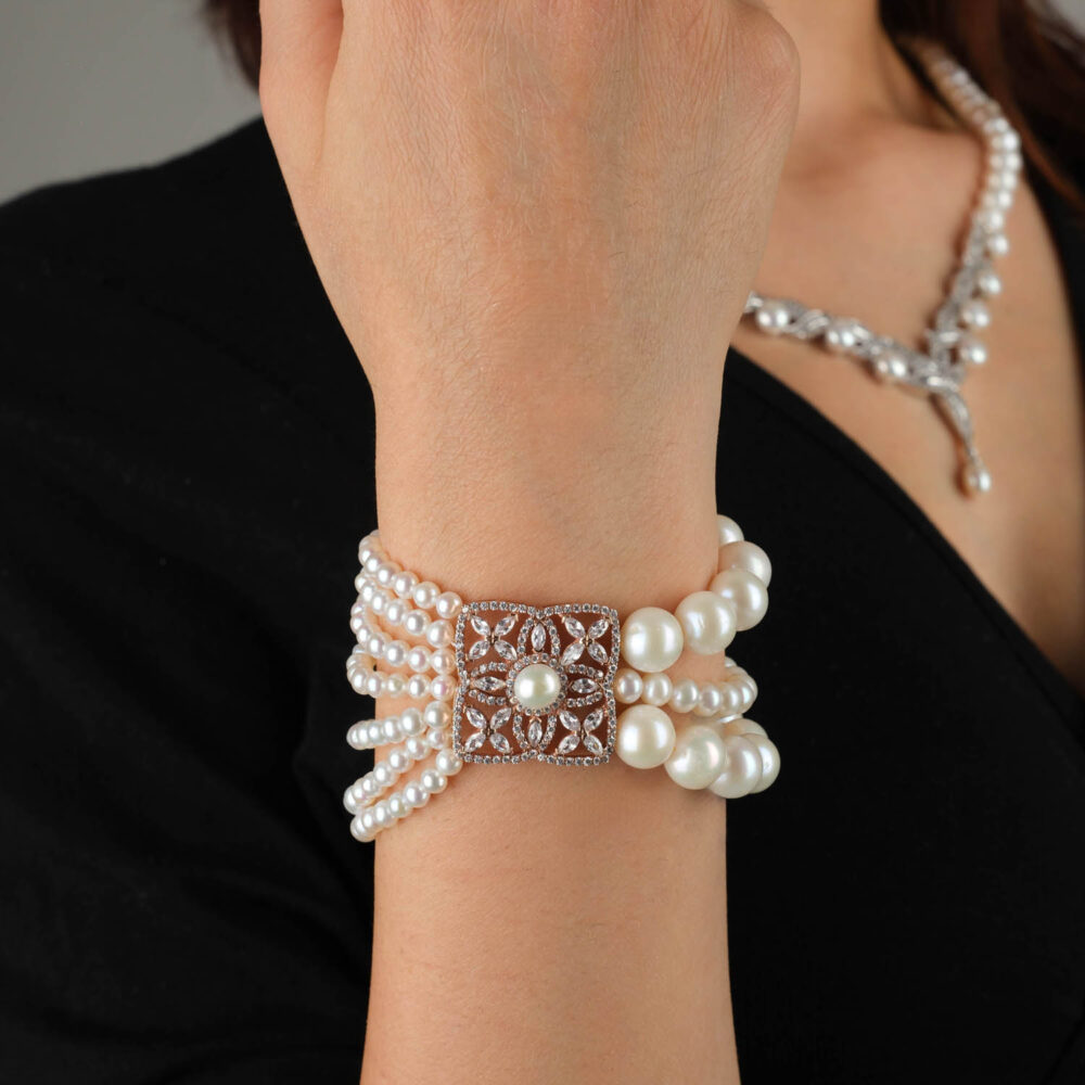 Orijinal Okyanus İnci 925 Ayar Gümüş Tasarımlı Bayan Bileklik (3-4mm/9-10mm)