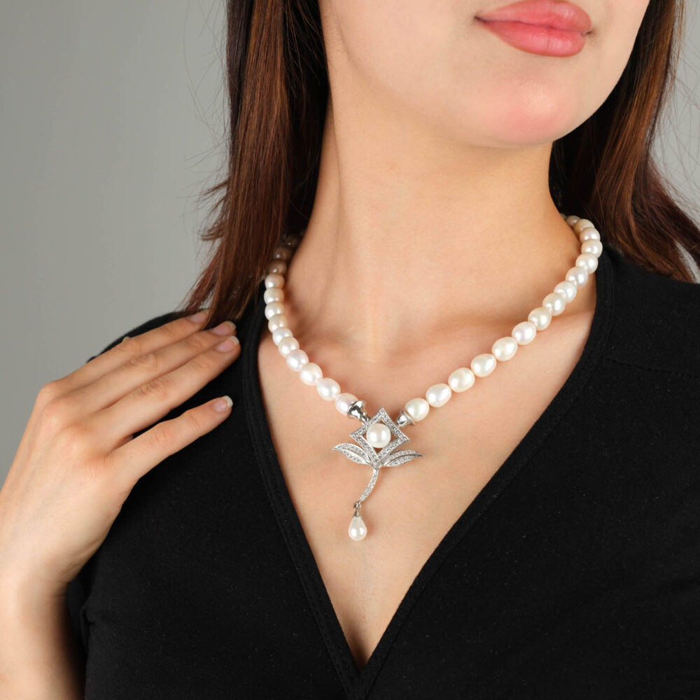 Orijinal Okyanus İnci 925 Ayar Gümüş Tasarımlı Bayan Kolye (Gerdanlık) (9-10mm)