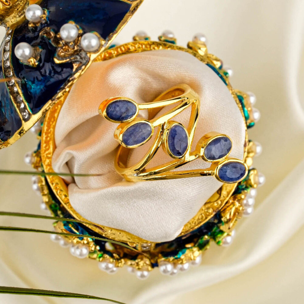 Safir Taşı 925 Ayar Gümüş Tasarım Gold Kaplama Bayan Yüzük