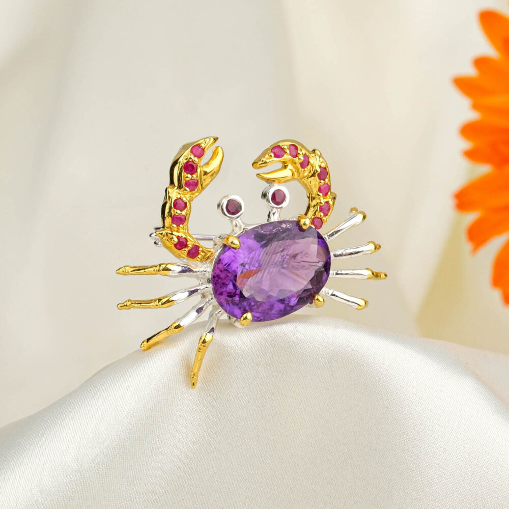 Yakut ve Ametist Taşları 925 Ayar Gümüş Yengeç Model Broş-Kolye Ucu