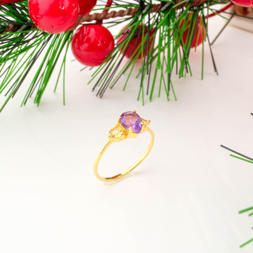 Orijinal Ametist ve Sitrin Taşı 925 Ayar Gümüş Gold Kaplama Bayan Yüzük