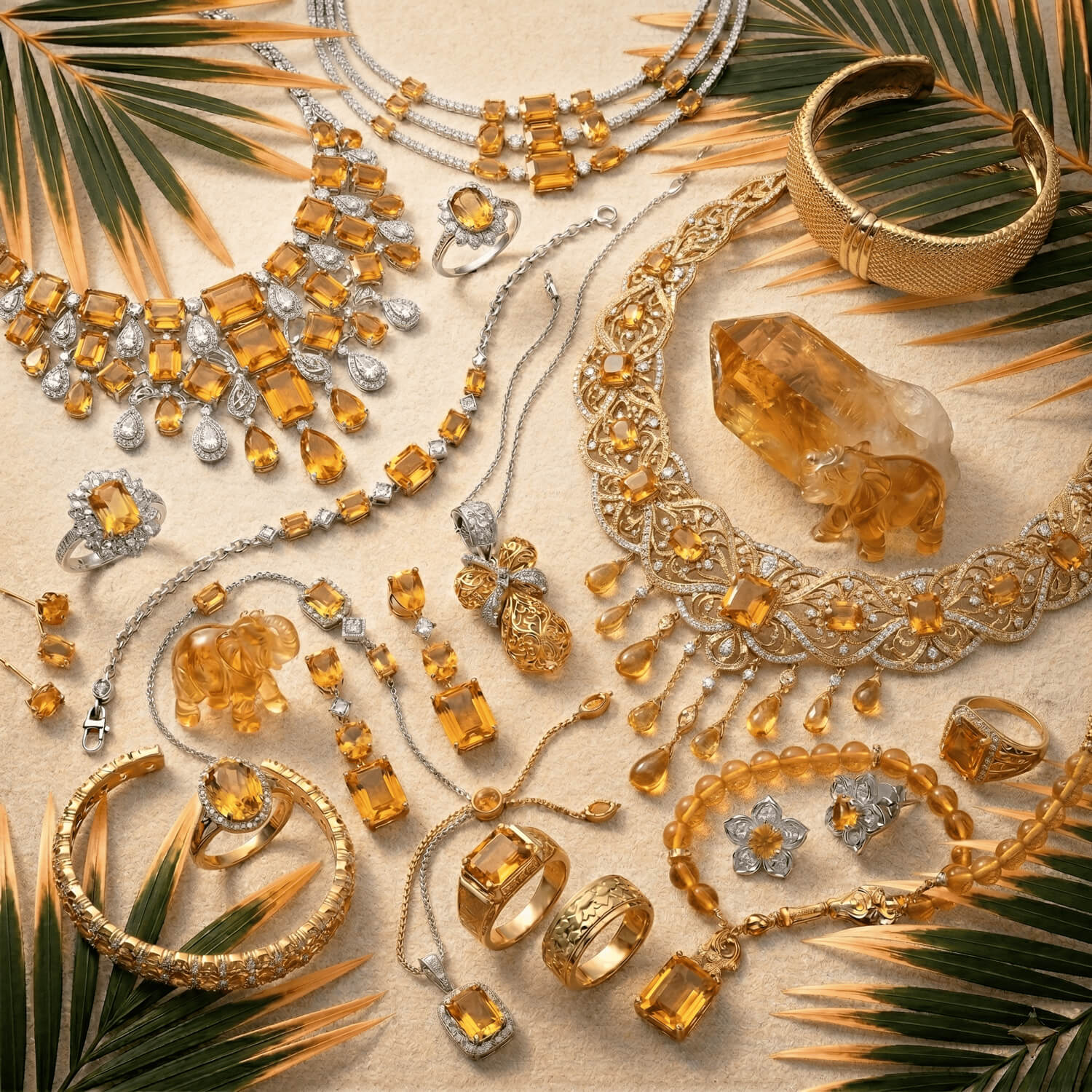 Bereket taşı olarak bilinen sitrin ile üretilmiş kolye, yüzük, bileklik modelleri ve orijinal ham sitrin kristalleri.