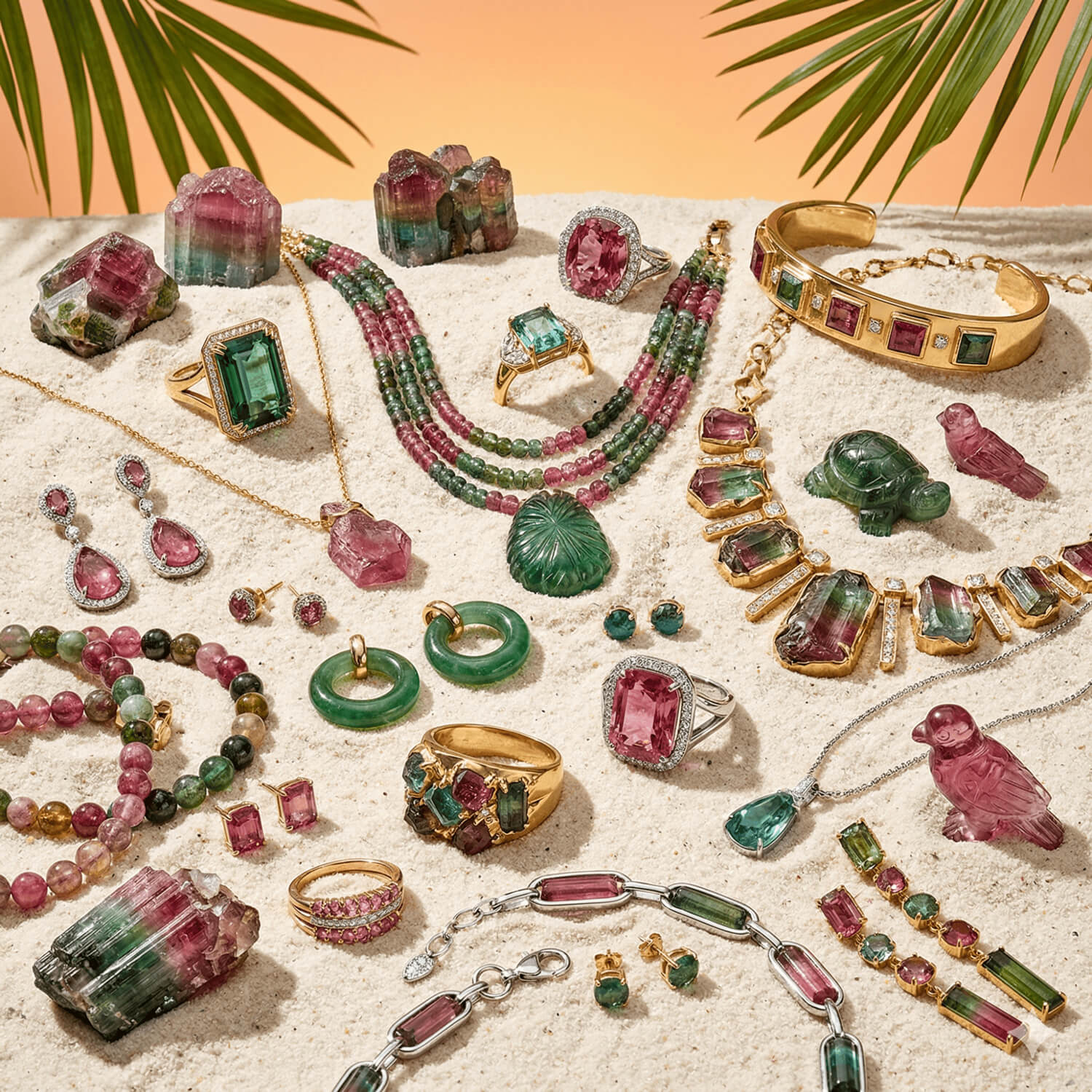 Farklı renk geçişlerine sahip, orijinal turmalin mineraliyle tasarlanmış butik takı çeşitleri.