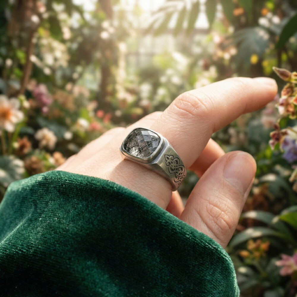 Orijinal Rutil Kuvars Taşı 925 Ayar Gümüş El İşçiliği Uniseks (Kadın/Erkek) Yüzük