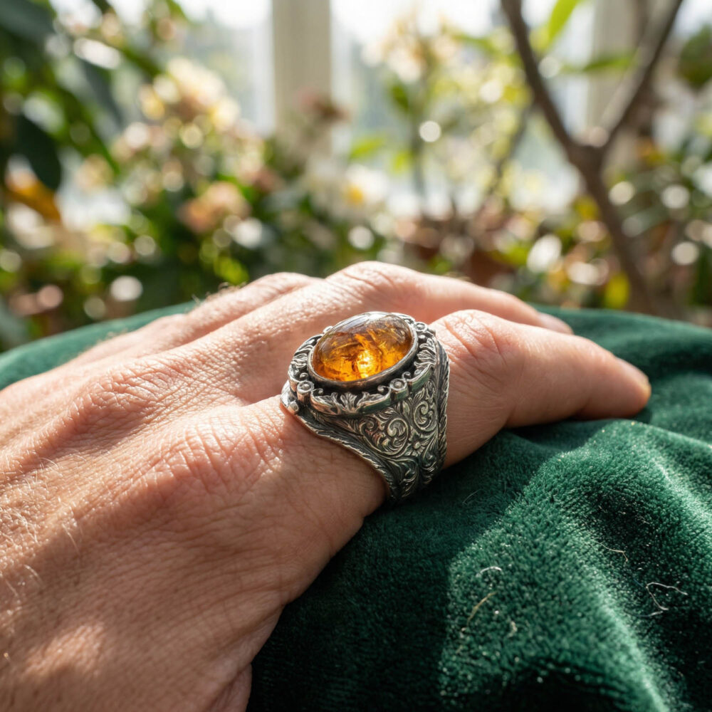 Orijinal Sitrin Taşı 925 Ayar Gümüş El İşçiliği Erkek Yüzük