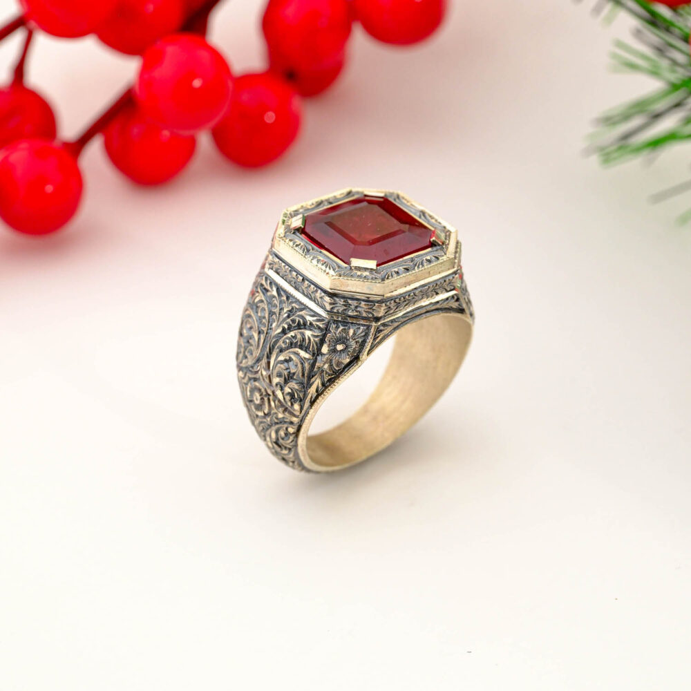Orijinal Yakut Taşı 925 Ayar Gümüş El İşçiliği Erkek Yüzük