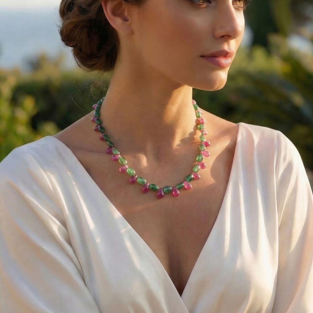 Orijinal Zümrüt ve Yakut Doğal Taş 925 Ayar Gümüş Kolye (Gerdanlık)