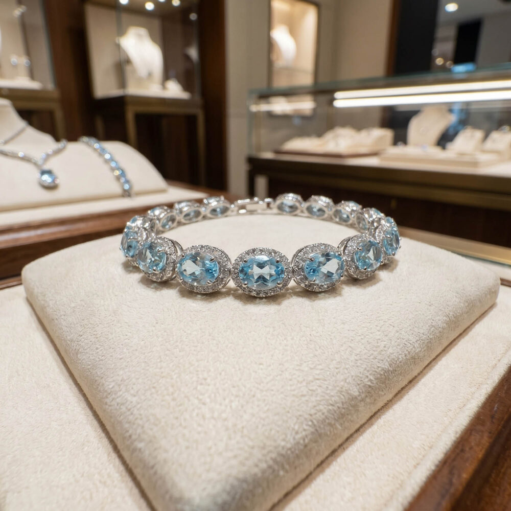 Orijinal Blue Topaz Doğal Taş 925 Ayar Gümüş Tasarım Bileklik