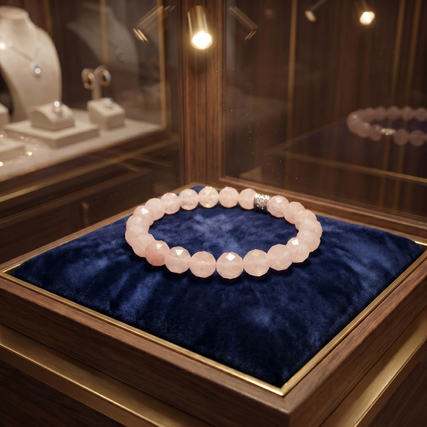 faset-kesim-pembe-kuvars-dogal-tas-bileklik-8mm Işığı yansıtan faset kesim 8mm boncuklardan oluşan zarif pembe kuvars doğal taş bileklik.