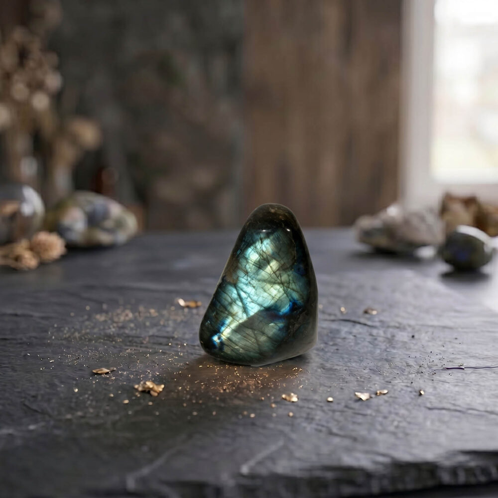 Freestanding natural labradorite raw stone with blue and green flashes.