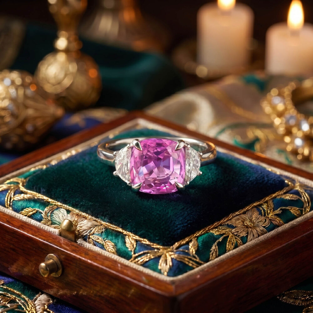 Sertifikalı VIP tasarım pırlanta ve pembe safir taşlı 18 ayar altın yüzük.