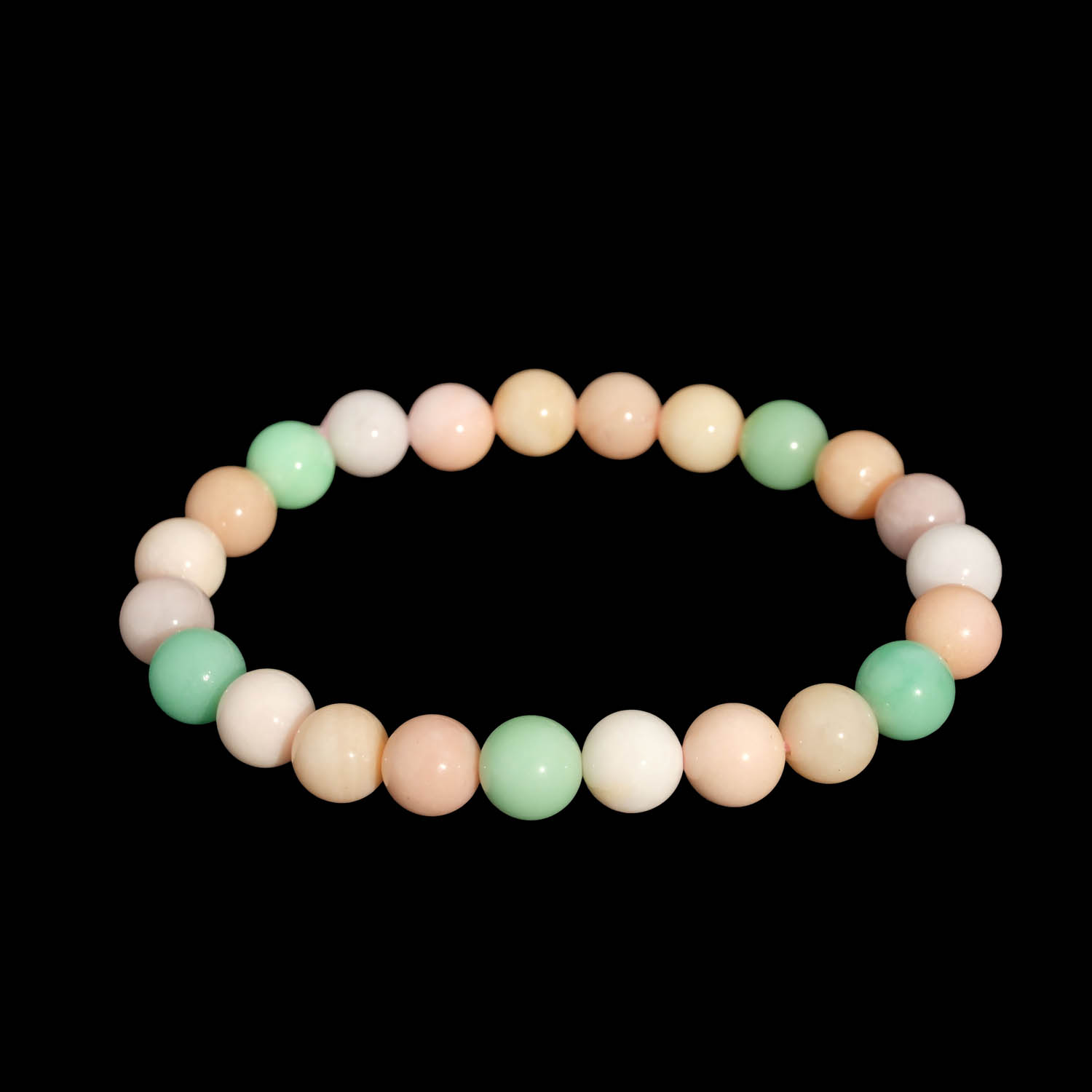 bracciale-pietre-naturali-crisoprasio-opale-rosa-lusso Bracciale flessibile in pietra naturale realizzato con perle rotonde di crisoprasio verde e opale rosa tenero da 8-9mm.