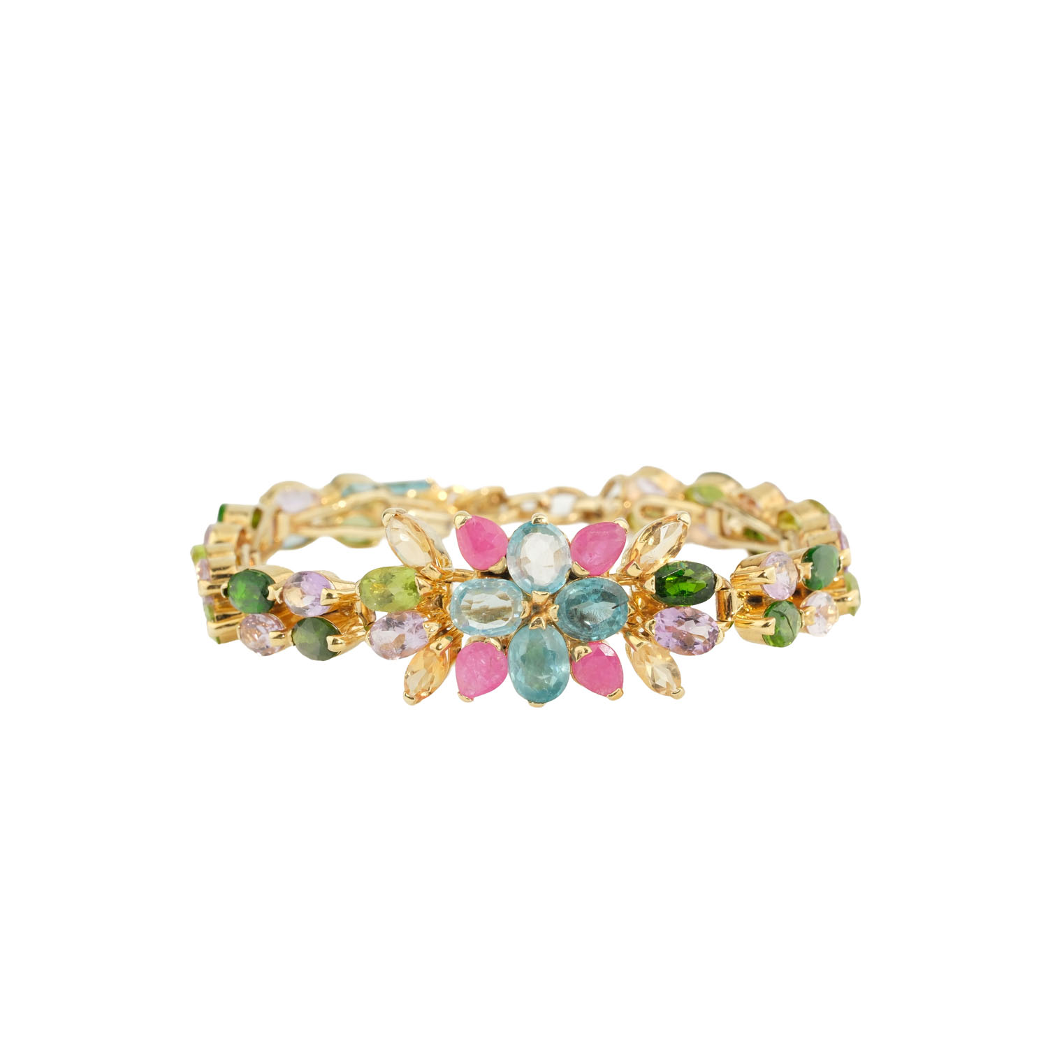 bracciale-pietre-naturali-miste-design-lusso-argento-925 Fasetli oval ve damla kesim topaz, turmalin, zebercet, ametist, yakut ve sitrin taşlı çiçek modelli altın kaplama 925 ayar gümüş tasarım lüks bileklik modeli.