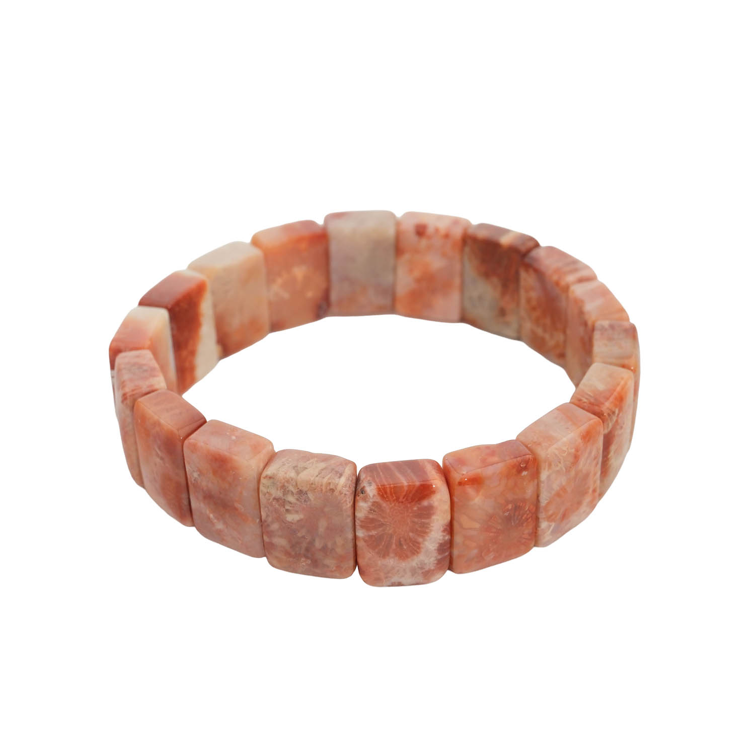 bracelet-pierre-naturelle-corail-coupe-carree-rolex Bracelet de taille carrée rolex en pierre naturelle de corail fossile original dans des tons orange et blanc avec des motifs floraux naturels.