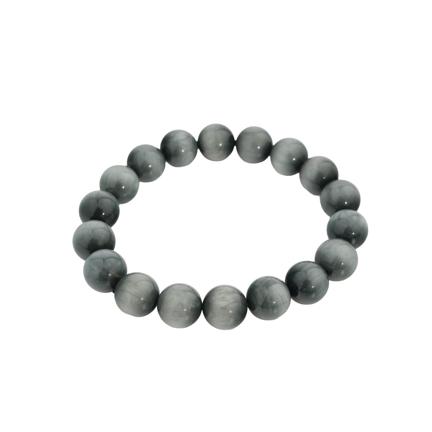 bracelet-pierre-naturelle-oeil-de-chat-luxe Pulsera flexible de piedra natural hecha de cuentas redondas y lisas de ojo de gato gris.