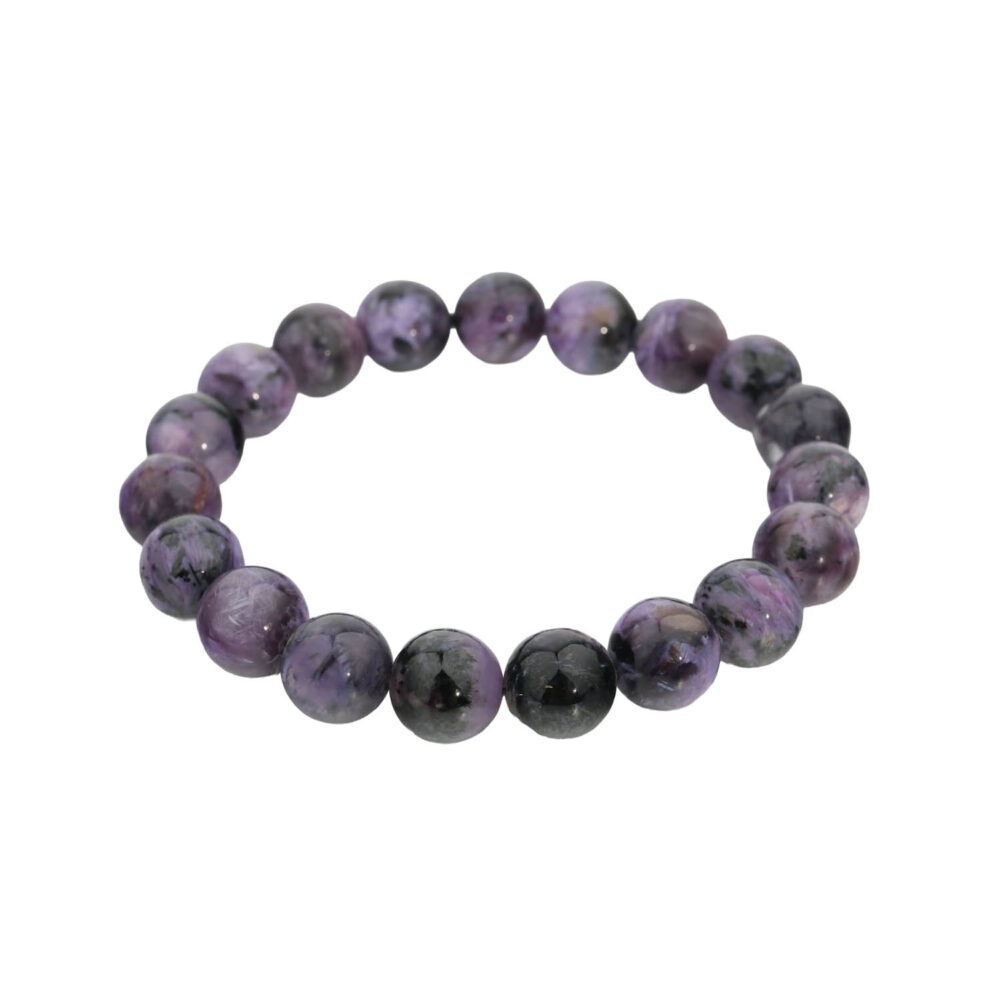 Pulsera flexible de piedra natural hecha de cuentas redondas y lisas de charoita morada veteada de calidad 5A+.