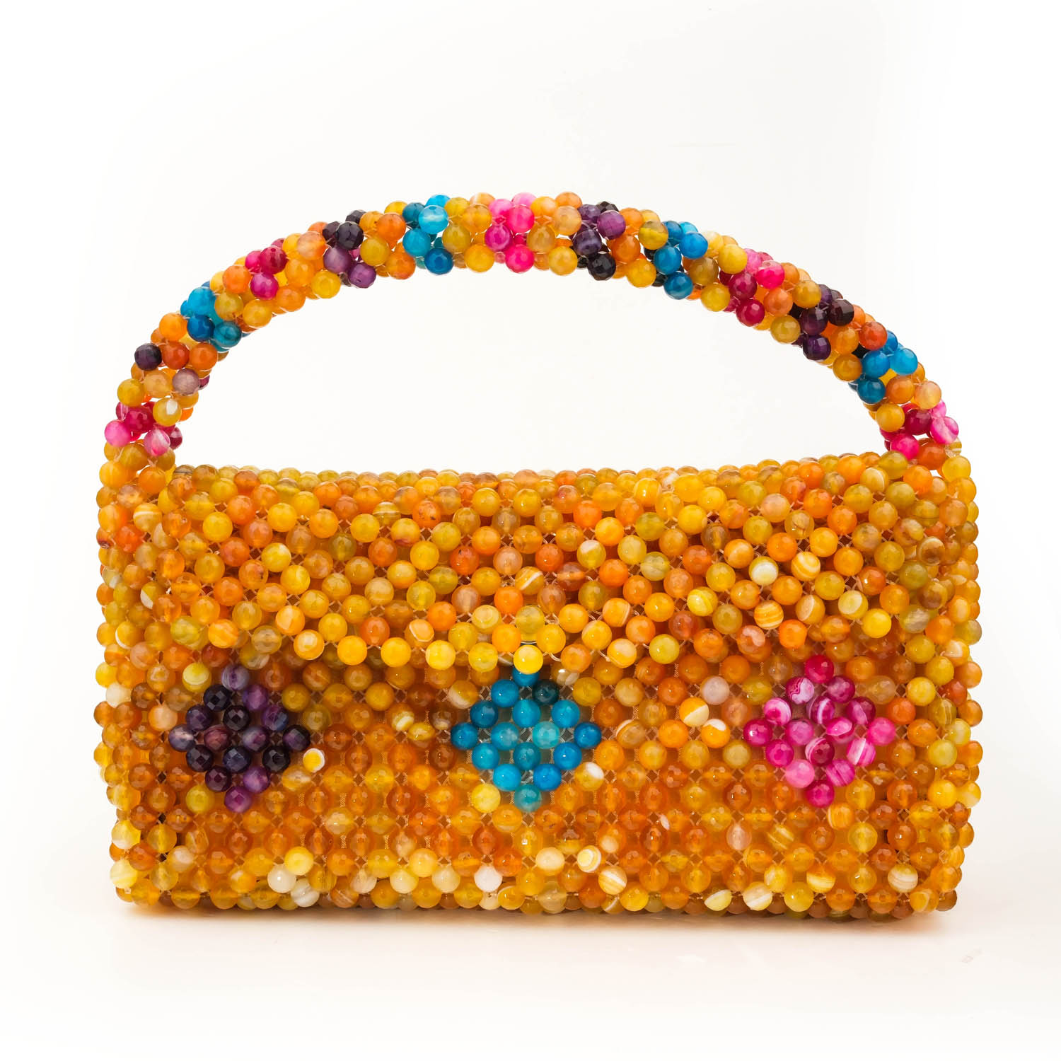 handcrafted-madagascar-agate-natural-stone-bag Luxury natural stone bag handcrafted using approximately 2000 pieces of 8mm facet cut original multi-colored Madagascar agate stones.