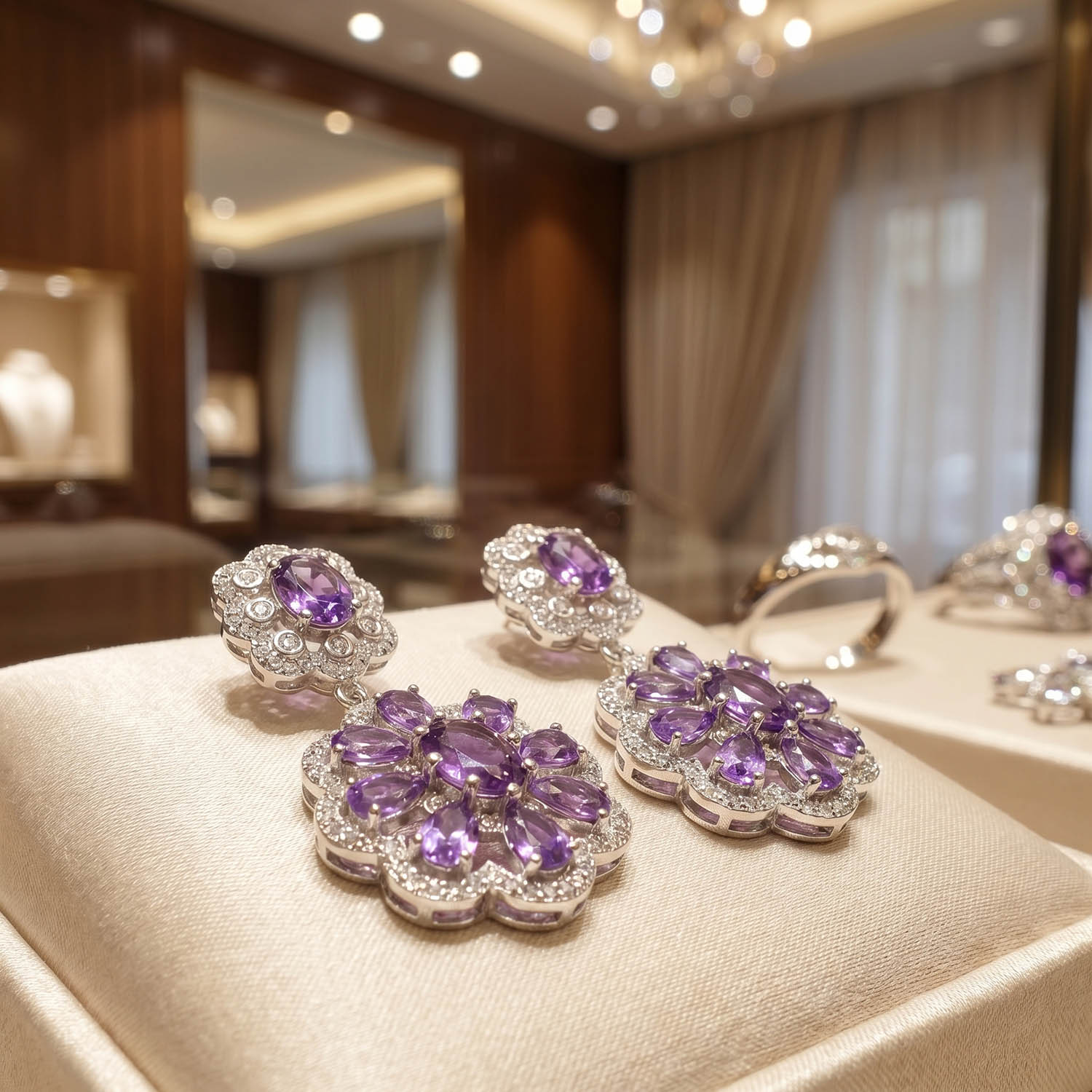 original-amethyst-natural-stone-925-silver-designer-earrings Boucles d'oreilles de luxe en argent sterling 925 ornées de pierres d'améthyste violette originales coupe facette en forme de fleur.