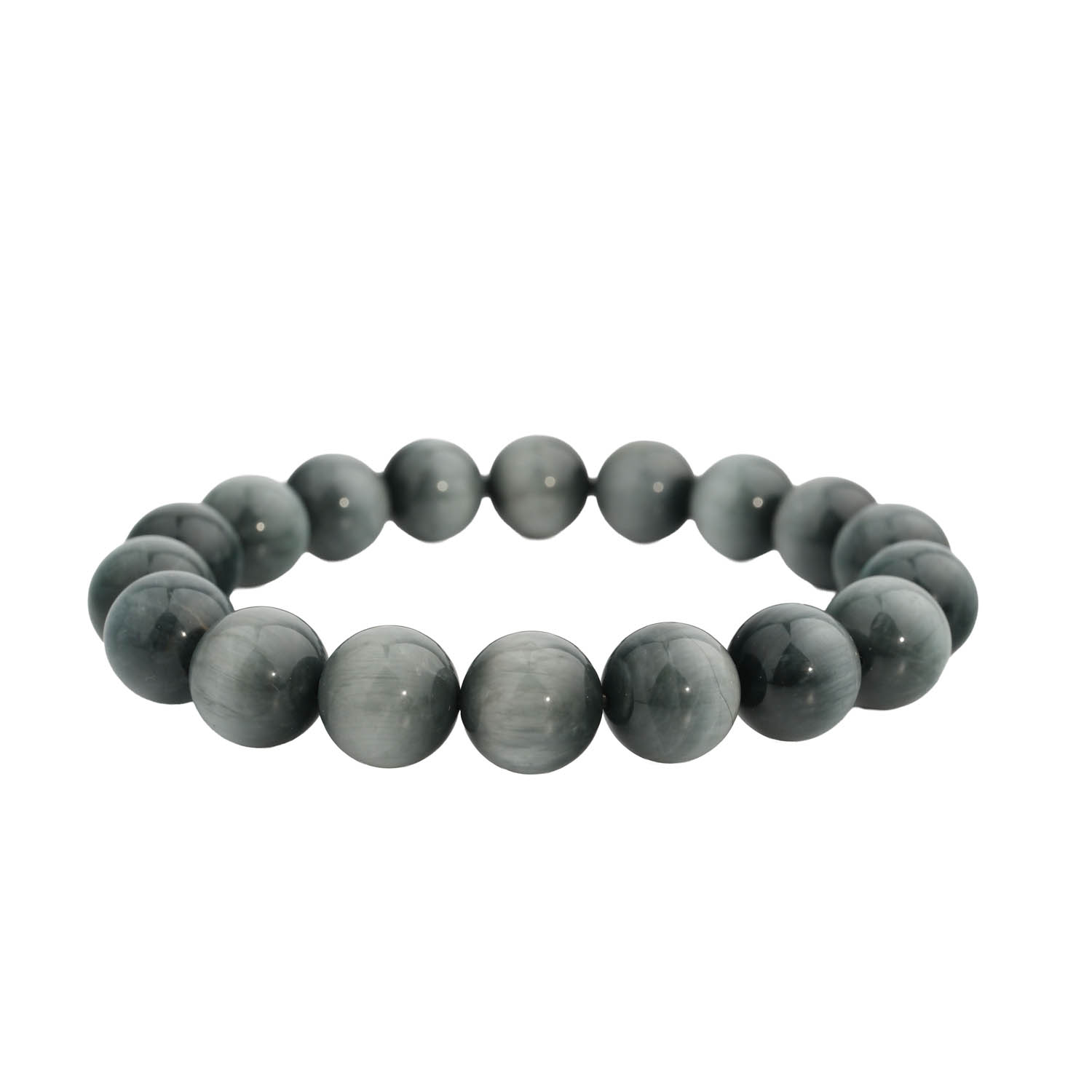 original-cats-eye-natural-stone-bracelet A flexible natural stone bracelet made of round smooth grey cat's eye beads with chatoyant effect.