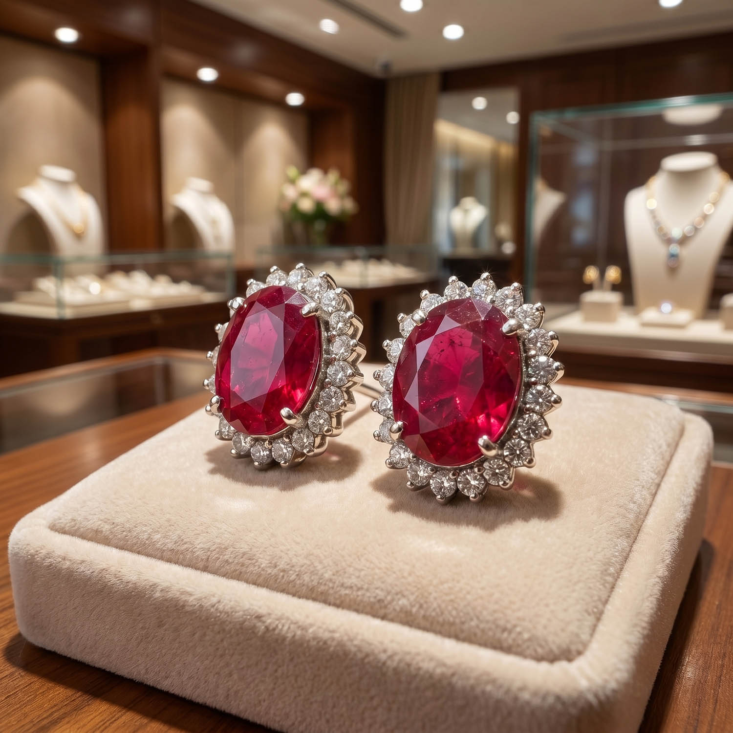 original-ruby-natural-stone-925-sterling-silver-designer-earrings أقراط مصممة فاخرة مصنوعة من أحجار الياقوت الأحمر الطبيعية البيضاوية المرصعة بالفضة الإسترليني عيار 925 مع هالة من الزركون.