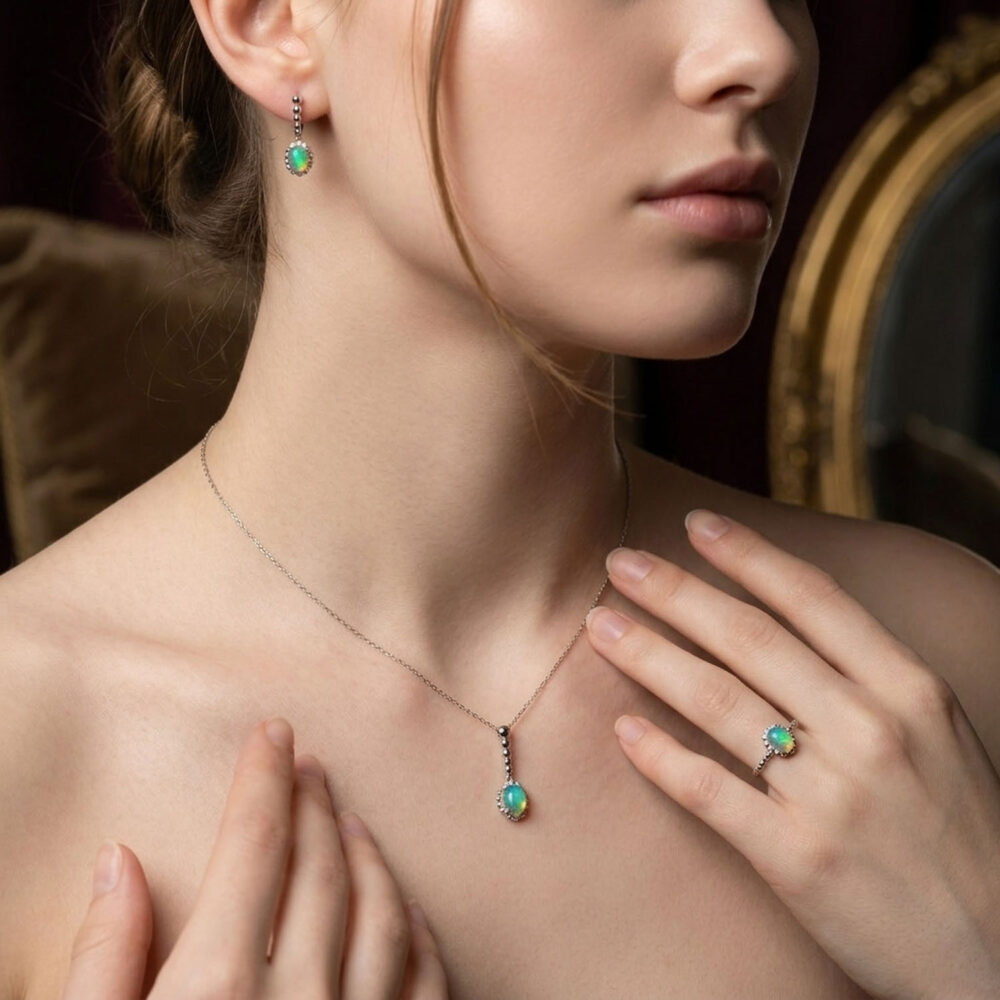 Oval kabaşon kesim turuncu yanardöner orijinal opal taşlı ve topuzlu gümüş işçilikli 925 ayar tasarım yüzük, küpe ve kolye ucu set modeli.
