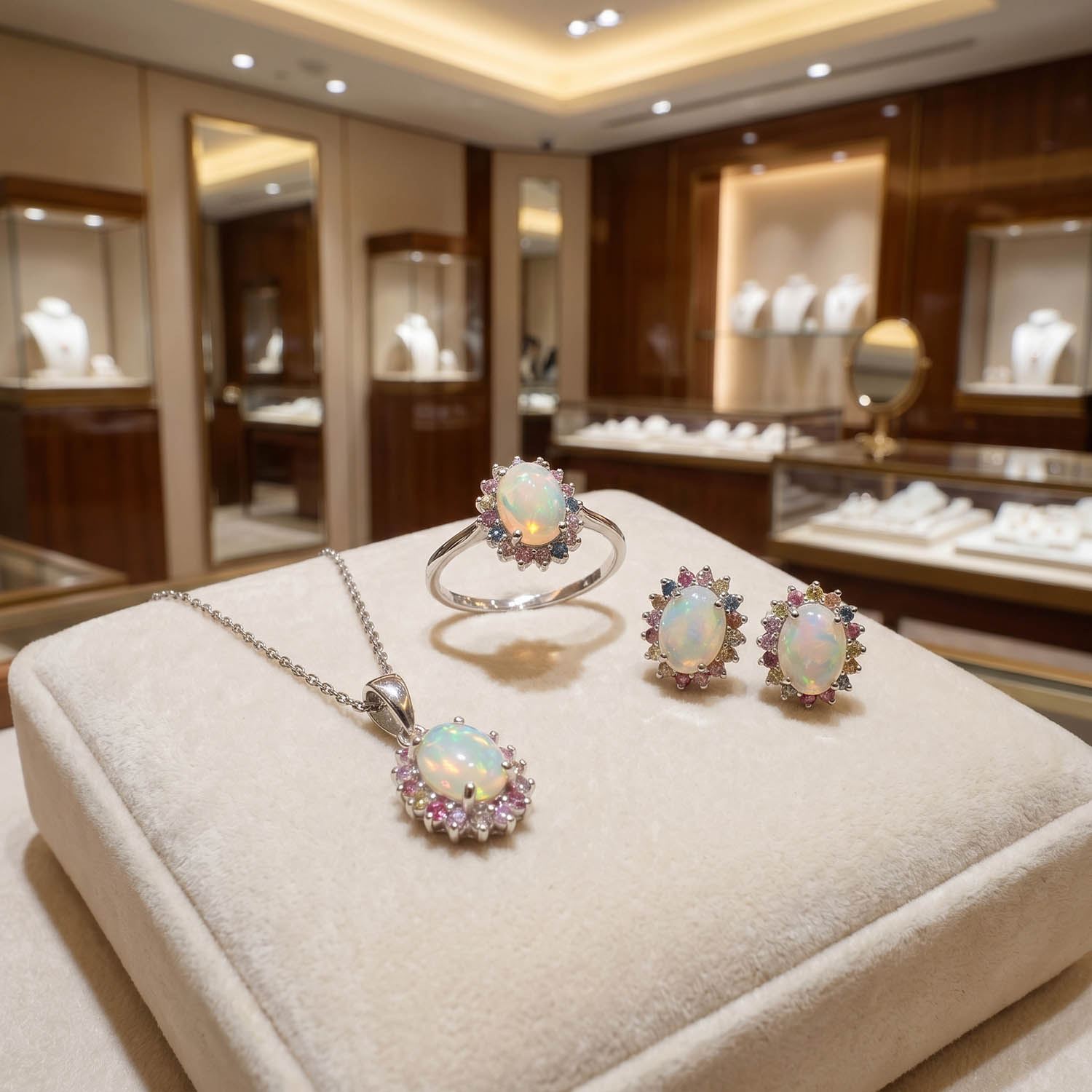 orijinal-opal-ve-renkli-safir-dogal-tas-gumus-set (2) Merkezinde oval kabaşon opal ve çevresinde faset kesim çok renkli safir taşları barındıran 925 ayar gümüş tasarım yüzük, küpe ve kolye ucu set modeli.