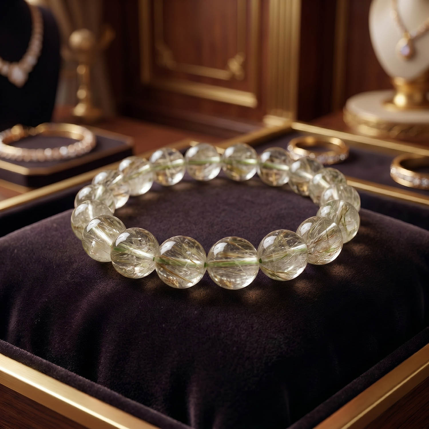 orijinal-yesil-rutil-kuvars-dogal-tas-bileklik Flexibles Natursteinarmband aus 11-12mm runden, glatten klaren Quarzperlen mit scharfen grünen Rutil-Einschlüssen.